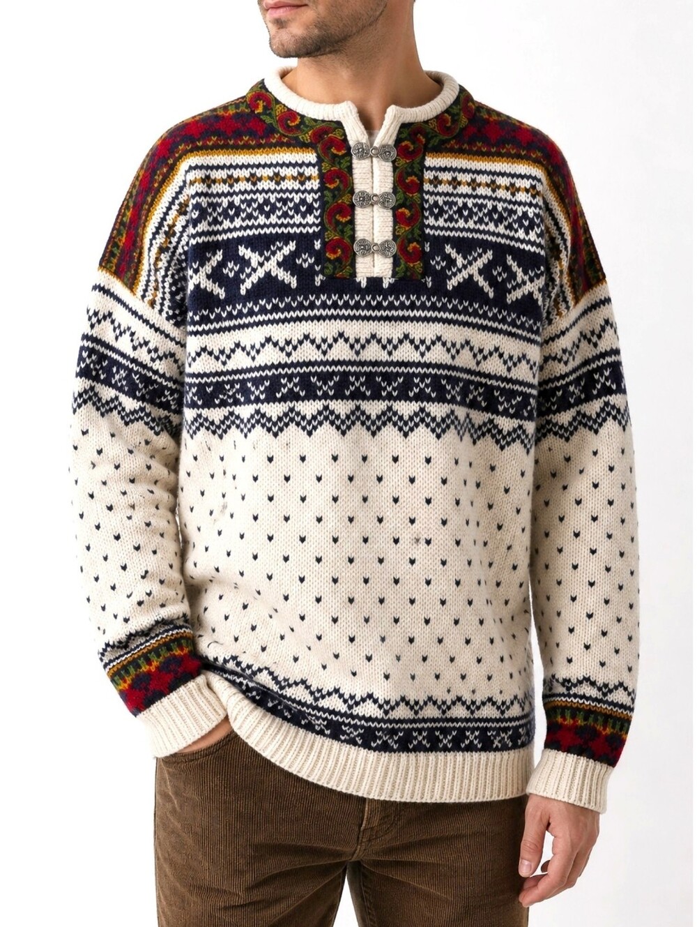 Norwegian Wool Sweater Nordic Fair Isle Pewter Clasp Ski Vintage DROPS Unisex L